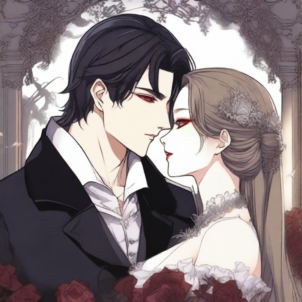 A romantic scene from a vampire manhwa, featuring a vampire and their love interest in an enchanting, gothic setting with intricate background details