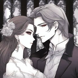 A romantic scene from a vampire manhwa, featuring a vampire and their love interest in an enchanting, gothic setting with intricate background details