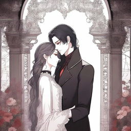 A romantic scene from a vampire manhwa, featuring a vampire and their love interest in an enchanting, gothic setting with intricate background details