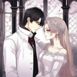 A romantic scene from a vampire manhwa, featuring a vampire and their love interest in an enchanting, gothic setting with intricate background details