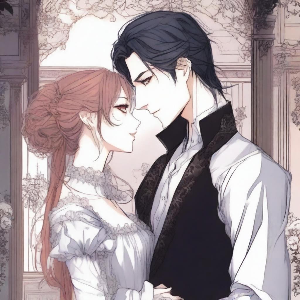 A romantic scene from a vampire manhwa, featuring a vampire and their love interest in an enchanting, gothic setting with intricate background details