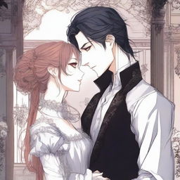 A romantic scene from a vampire manhwa, featuring a vampire and their love interest in an enchanting, gothic setting with intricate background details