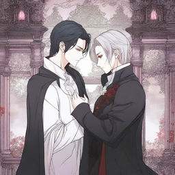 A romantic scene from a vampire manhwa, featuring a vampire and their love interest in an enchanting, gothic setting with intricate background details