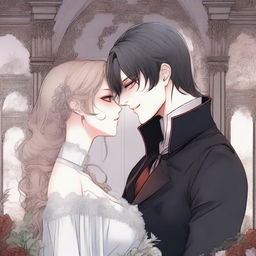 A romantic scene from a vampire manhwa, featuring a vampire and their love interest in an enchanting, gothic setting with intricate background details