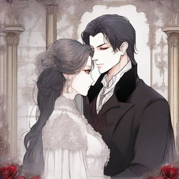 A romantic scene from a vampire manhwa, featuring a vampire and their love interest in an enchanting, gothic setting with intricate background details