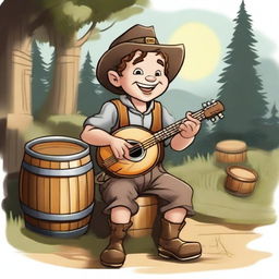 A cheerful halfling moonshiner with a wide smile, holding a banjo