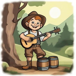 A cheerful halfling moonshiner with a wide smile, holding a banjo