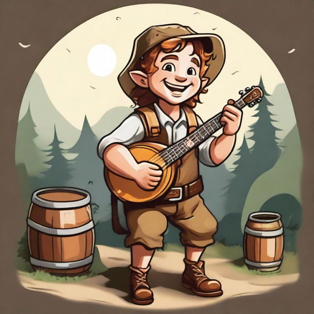 A cheerful halfling moonshiner with a wide smile, holding a banjo