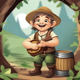 A cheerful halfling moonshiner with a wide smile, holding a banjo