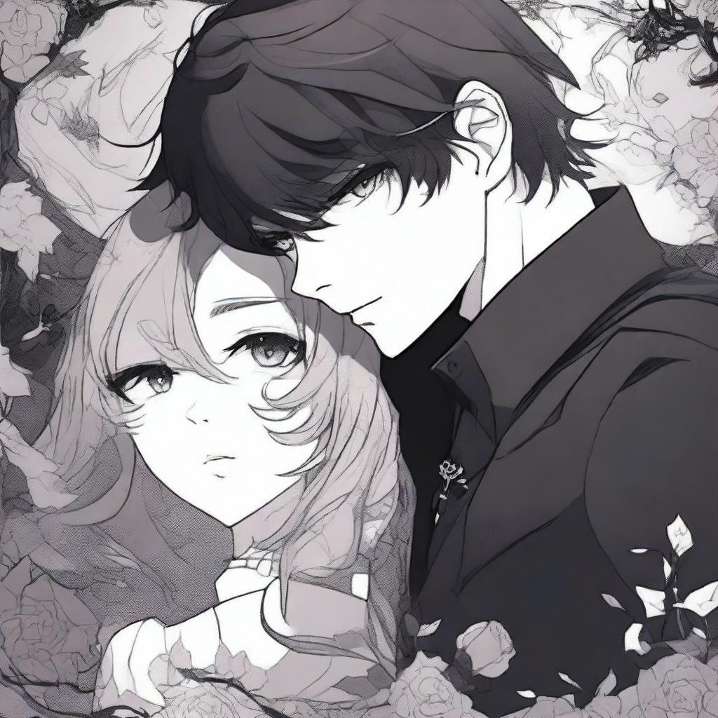 A dark romance scene from a manhwa, featuring two characters in a shadowy, gothic setting with intricate background details