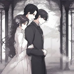 A dark romance scene from a manhwa, featuring two characters in a shadowy, gothic setting with intricate background details