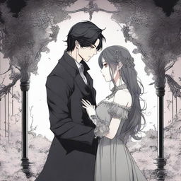 A dark romance scene from a manhwa, featuring two characters in a shadowy, gothic setting with intricate background details