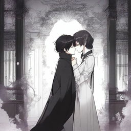 A dark romance scene from a manhwa, featuring two characters in a shadowy, gothic setting with intricate background details