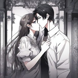 A dark romance scene from a manhwa, featuring two characters in a shadowy, gothic setting with intricate background details