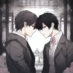 A dark romance scene from a manhwa, featuring two characters in a shadowy, gothic setting with intricate background details