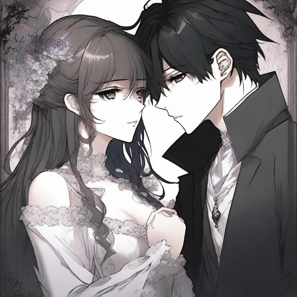 A dark romance scene from a manhwa, featuring two characters in a shadowy, gothic setting with intricate background details