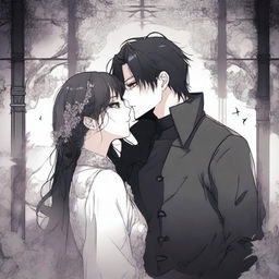 A dark romance scene from a manhwa, featuring two characters in a shadowy, gothic setting with intricate background details