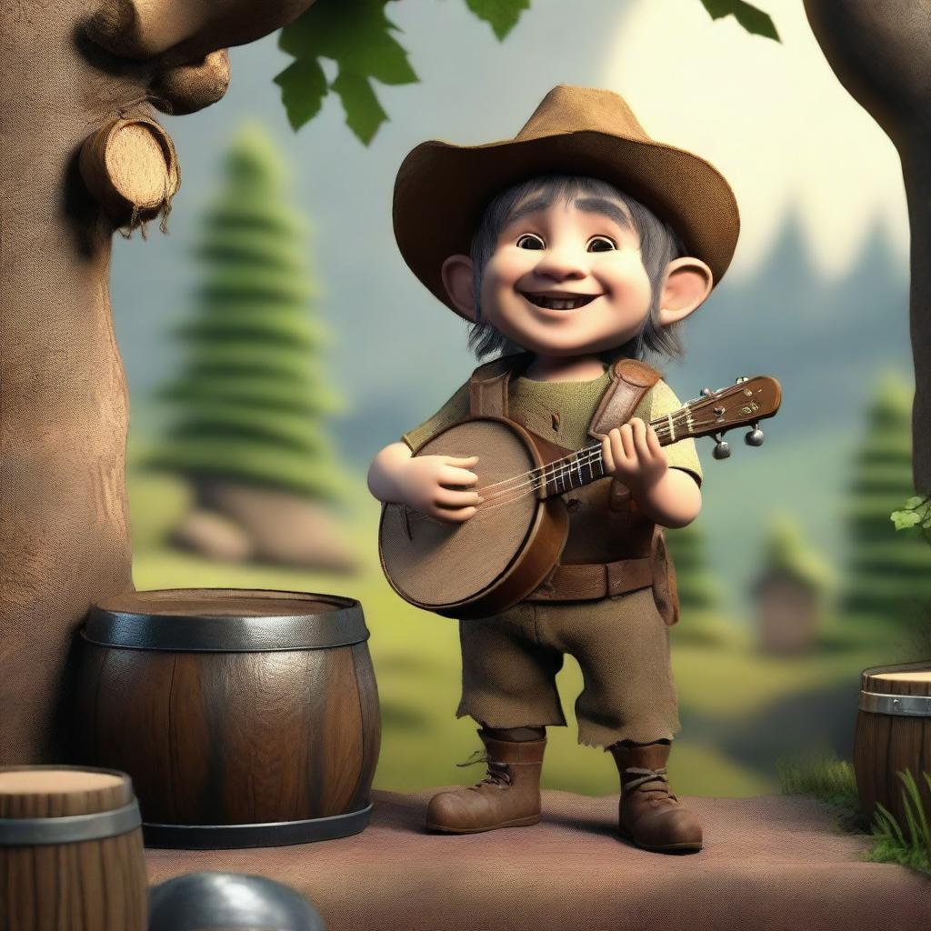 A cheerful halfling moonshiner with a wide smile, holding a banjo