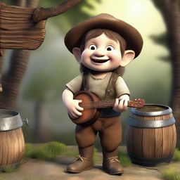 A cheerful halfling moonshiner with a wide smile, holding a banjo