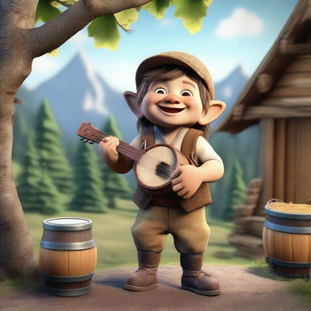 A cheerful halfling moonshiner with a wide smile, holding a banjo