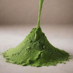 A close-up view of vibrant green powder, suggestive of matcha tea or greens supplement, sprinkled artistically on a flat surface with soft lighting highlighting its texture.