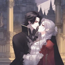 A romantic scene from a manhwa featuring a vampire prince and a human girl