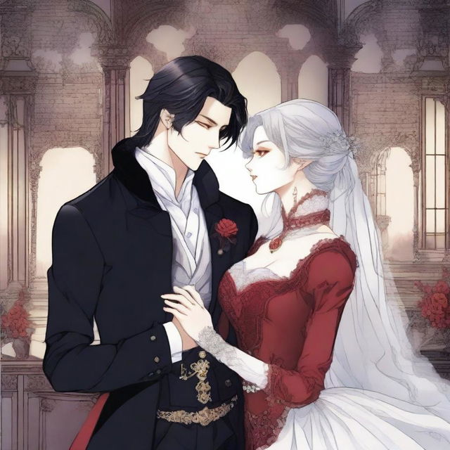 A romantic scene from a vampire prince manhwa, featuring a vampire prince and his love interest in an enchanting, gothic castle setting with intricate background details