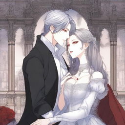 A romantic scene from a vampire prince manhwa, featuring a vampire prince and his love interest in an enchanting, gothic castle setting with intricate background details