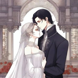 A romantic scene from a vampire prince manhwa, featuring a vampire prince and his love interest in an enchanting, gothic castle setting with intricate background details