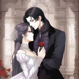 A romantic scene from a vampire prince manhwa, featuring a vampire prince and his love interest in an enchanting, gothic castle setting with intricate background details