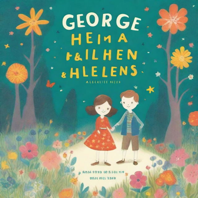 A whimsical illustration of a young boy and girl in the forest surrounded by stars and colorful flowers