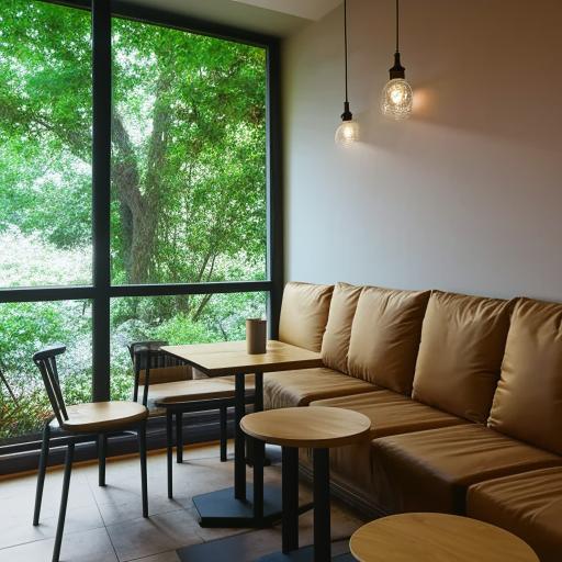 A cozy coffee cafe featuring simple and neat table arrangements, complete with private cabins for a tranquil, efficient atmosphere.