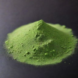 A close-up view of vibrant green powder, suggestive of matcha tea or greens supplement, sprinkled artistically on a flat surface with soft lighting highlighting its texture.