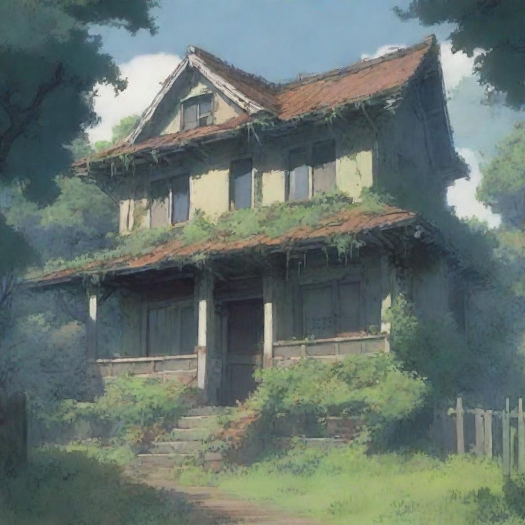 A close-up shot of an abandoned house from the outside, depicted in anime style