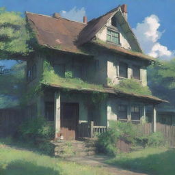 A close-up shot of an abandoned house from the outside, depicted in anime style