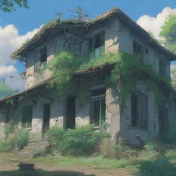 A close-up shot of an abandoned house from the outside, depicted in anime style