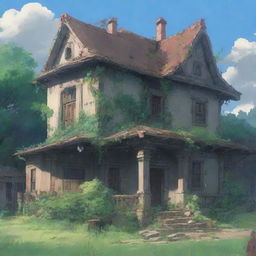 A close-up shot of an abandoned house from the outside, depicted in anime style