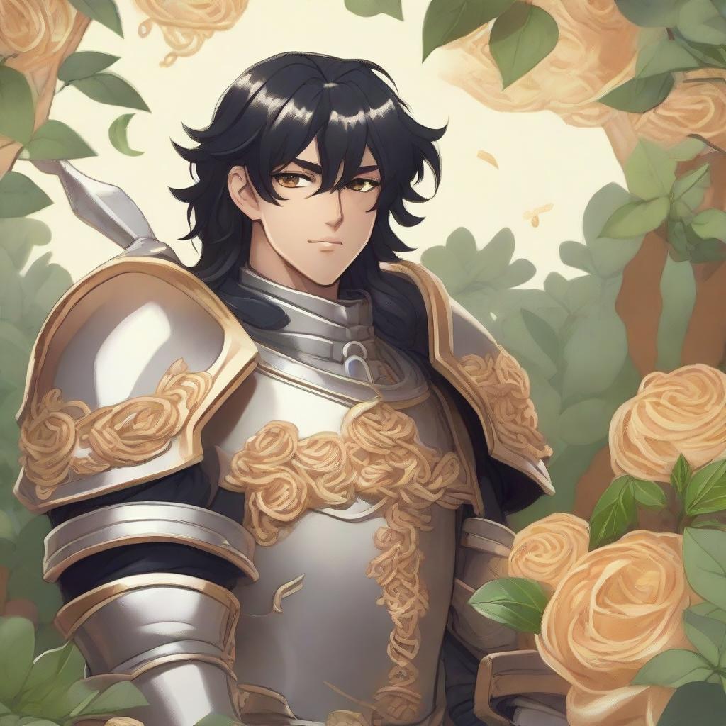 A Paladin of the pasta god, an Aasimar with hazel eyes, black hair, and tan skin