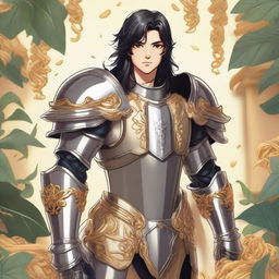 A Paladin of the pasta god, an Aasimar with hazel eyes, black hair, and tan skin