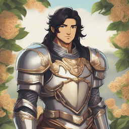 A Paladin of the pasta god, an Aasimar with hazel eyes, black hair, and tan skin