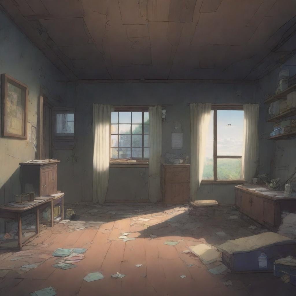 An abandoned house's living room depicted in anime style