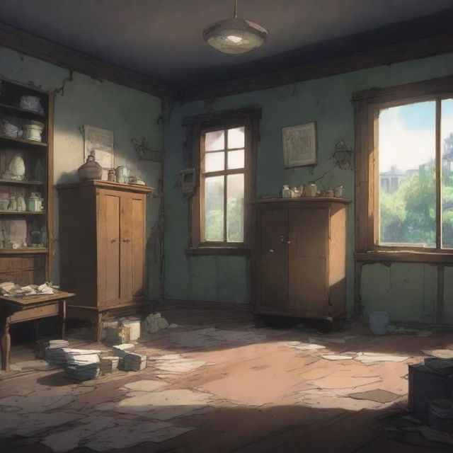 An abandoned house's living room depicted in anime style