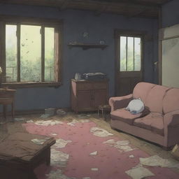 An abandoned house's living room depicted in anime style