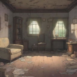 An abandoned house's living room depicted in anime style