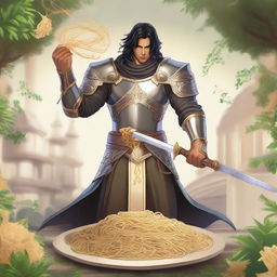 Aasimar paladin with hazel eyes, black hair, and tan skin, wielding a unique pasta whip