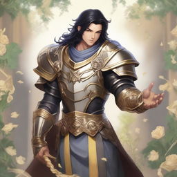 Aasimar paladin with hazel eyes, black hair, and tan skin, wielding a unique pasta whip