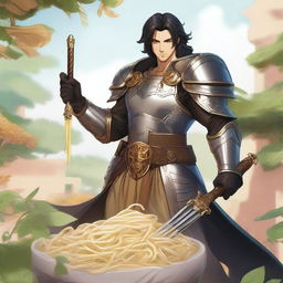 Aasimar paladin with hazel eyes, black hair, and tan skin, wielding a unique pasta whip