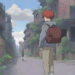 A boy with dark red hair, seen from the back, wearing a gray jacket and a backpack