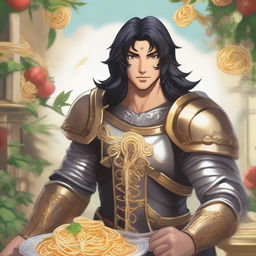 Aasimar paladin with hazel eyes, black hair, and tan skin, wielding a whip made of spaghetti