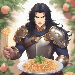 Aasimar paladin with hazel eyes, black hair, and tan skin, wielding a whip made of spaghetti